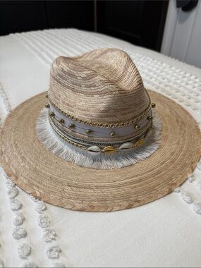 Tulum Straw Hat with Shell & Gold Chain Trim